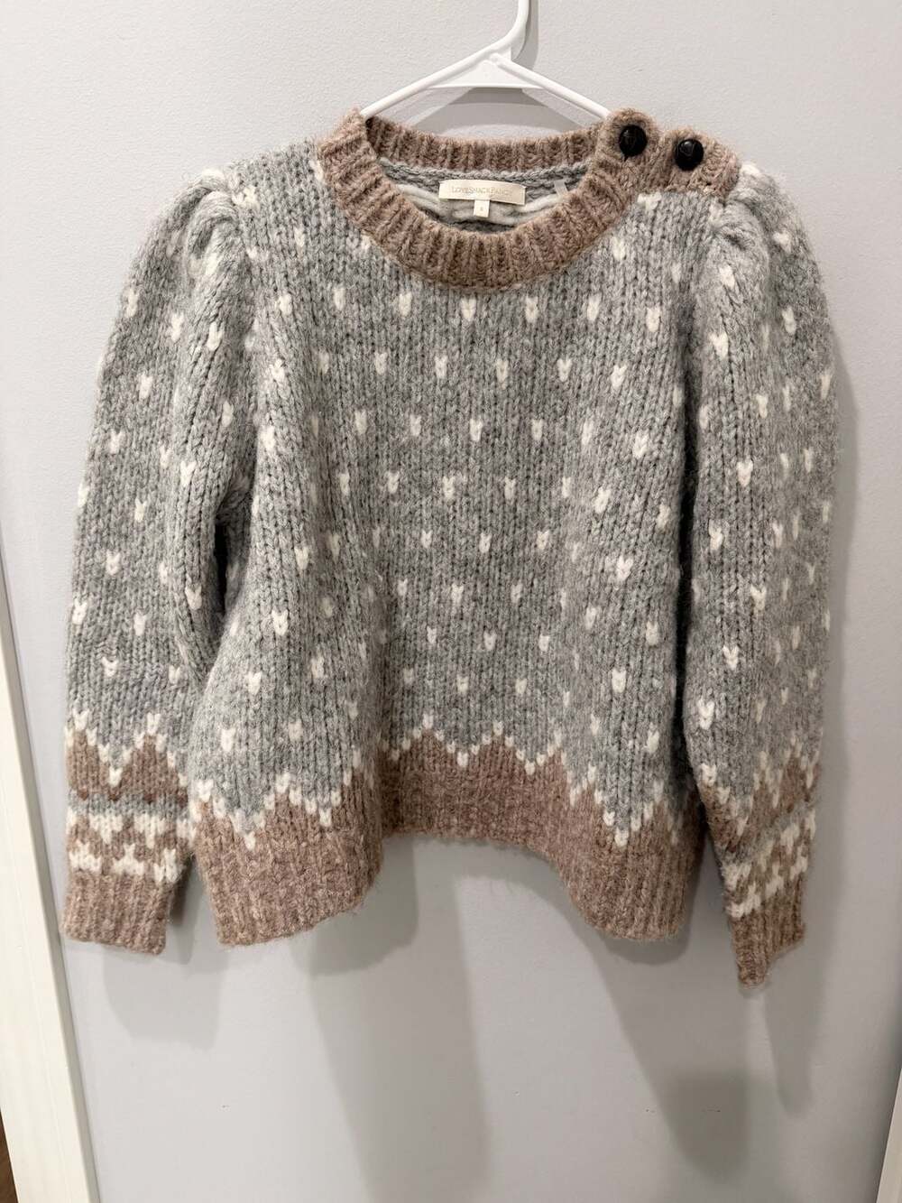 LoveShackFancy Alpaca Blend Fair Isle Pullover Sweater Grey Small